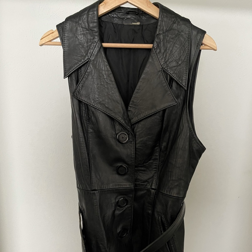 Vintage black leather mini dress with belt